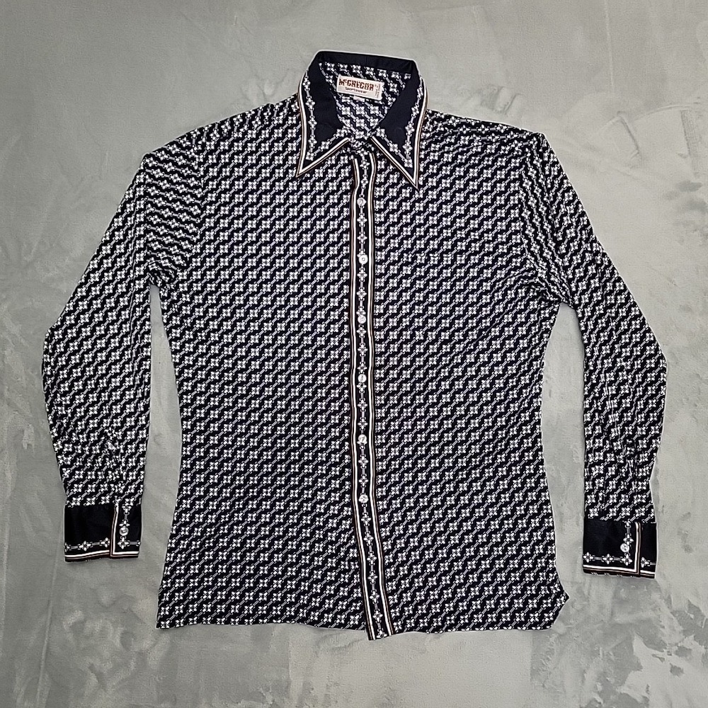 VTG McGregor Shirt Mens Large Navy Blue Geometric Disco 70s Retro Long Sleeve